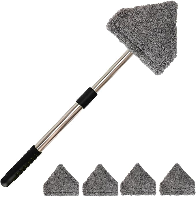 Conliwell Windshield Car Cleaning Tool, 13-16.7-inch Extendable Handle with 180-Degree Rotation and 4 Reusable Microfiber Cloth Heads, Suitable for Cleaning Car Windows Inside and Out (Black)