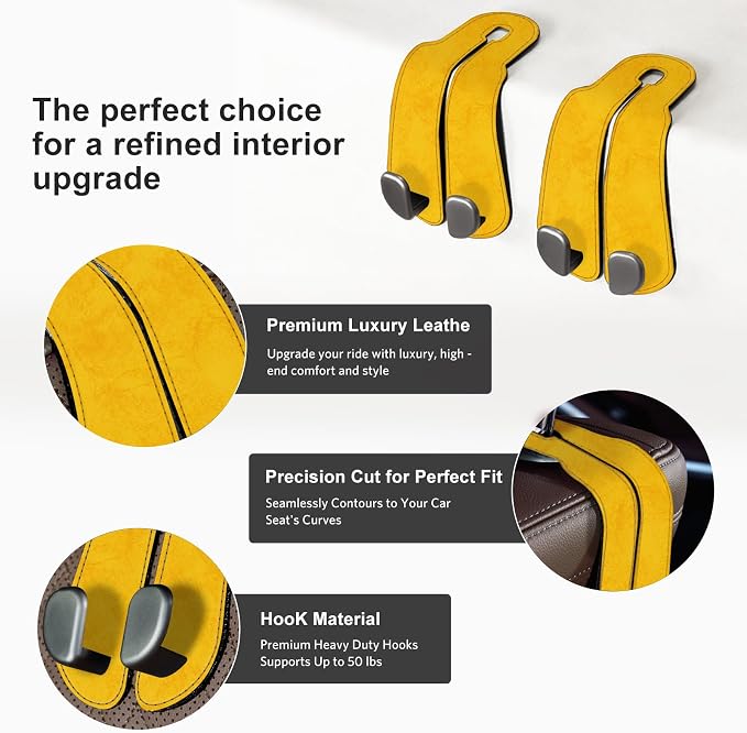 CoBak Purse Hook for Car - Universal Premium Stitched Leather and Aluminum-Magnesium Alloy Double Car Seat Back Storage Hook for Purses, Handbags, Bags (2 Pack),Bright Yellow