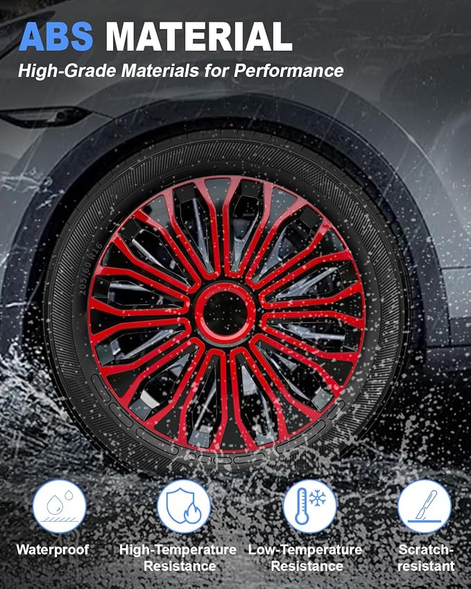 Hubcaps,16 inch hubcaps Set of 4, Wheel Rim Cover ABS Material, Snap On Car Truck SUV Replacement, for Toyota Camry Nissan Mazda etc, Black&Red
