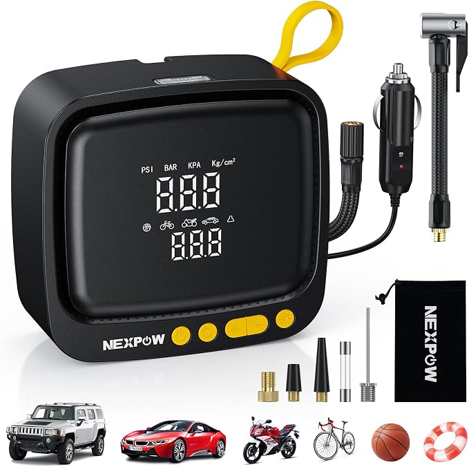 Tire Inflator Portable Air Compressor, 150PSI 12V DC Air Pump with Dual Digital Pressure Gauge & Auto Shut-Off, Air Compressor Portable with LED Light for Car, Motorcycle, Bicycle, Ball, Yellow