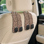 Cute Leopard Car Seat Back Storage Headrest Hooks for Purses & Bags – 2PCS PU Leather Dual Metal Hooks, Backseat Organizer Accessories