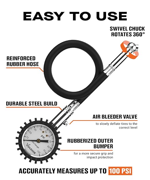 Tire Pressure Gauge (0-100 PSI) Heavy Duty Air Pressure Gauge, ANSI Certified Tire Gauge for Car and Trucks Tires with Large 2 Inch Easy to Read Glow Dial, Stocking Stuffers for Men