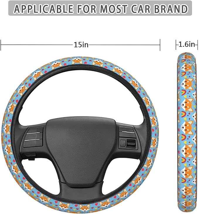 Fox Rainbow Love Steering Wheel Covers Anti-Slip Elasticity Car Accessories Steering Wheel Protector Universal 15 Inch for Cars SUV Vehicle Truck