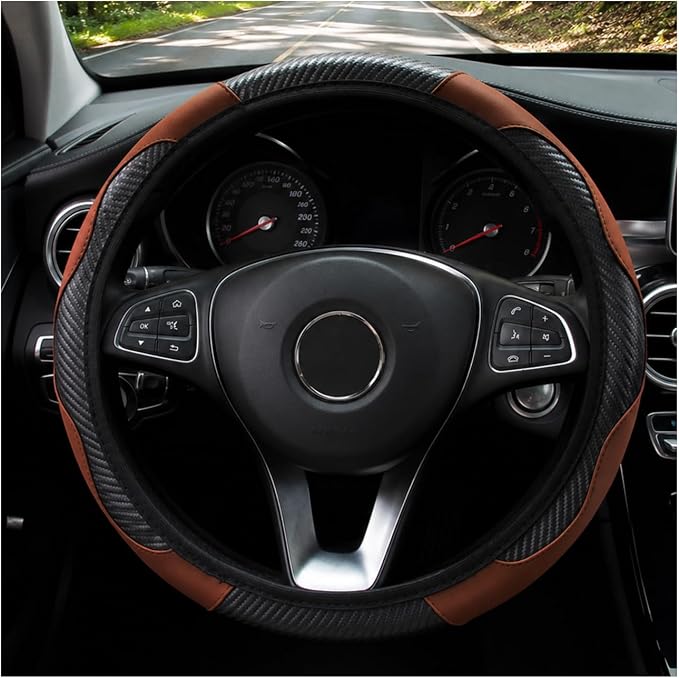Car Steering Wheel Cover 15 inch, Microfiber PU Leather Elastic Steering Wheel Protector, Anti-Slip Breathable Car Interior Accessories for Most Cars (Coffee)