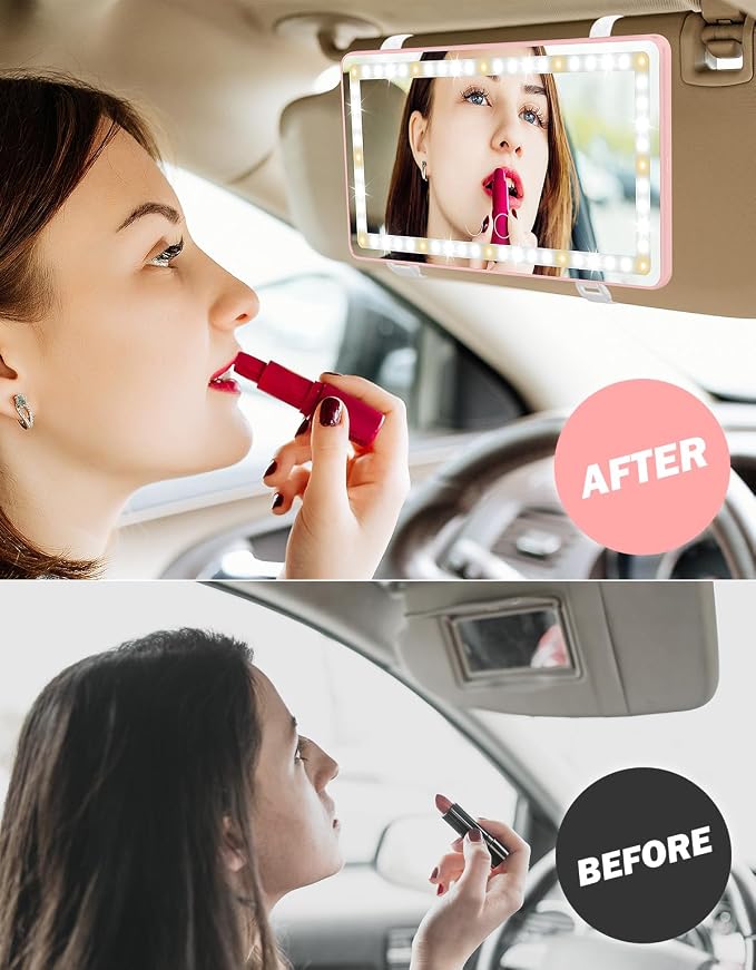 Car Sun Visor Vanity Mirror, Car Mirror with 3 Light Modes & 60 LEDs, Rechargeable, Touch Control, Universal Fit