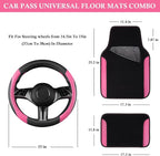Faux Leather Steering Wheel Cover and Waterproof Car Floor Mats,Universal Car Combo Fit for 95% Sedan,SUV,Cars,14.5-15inch Sporty Anti-Slip Safety Comfortable Design(Black＆Pink)