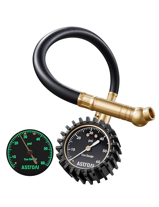 Tire Pressure Gauge for Cars with Large 2" Dial, Solid Brass with Rubber Hose, Air Bleeder Valve, ANSI B40.1, 0-60PSI