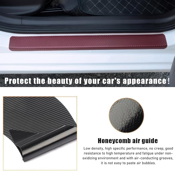 4 PCS Car Door Sill Protectors, Anti Scratch Carbon Fiber Auto Threshold Cover Strips, Decorative Door Entry Edge Scuff Sticker Universal for Most Vehicles, Car Accessories (Wine Red 3D)