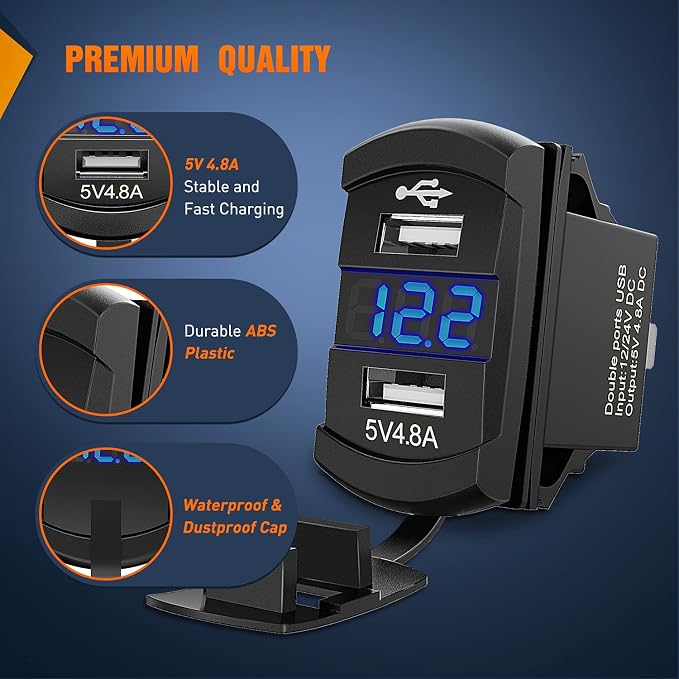 Rocker Switch Style Dual USB Outlet LED Voltmeter Quick Connector 12V Car Replacement with Inline Fuse for Boats RVs Trucks Cars