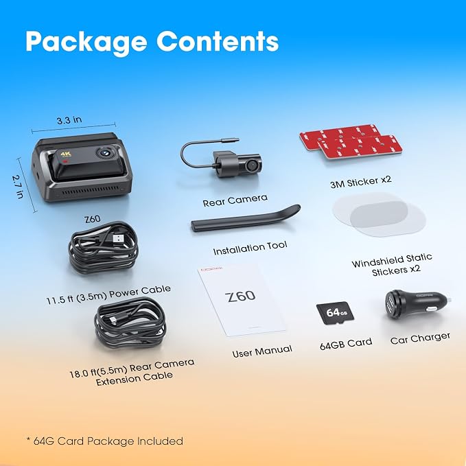Z60 4K Dash Cam Front and Rear, Built-in 32GB eMMC, Free 64GB Card Included, Dual Dash Camera for Cars, AI ISP Night Vision 2.0, 5GHz WiFi, GPS, G-Sensor, 7 Days AOV Parking Mode, 3" IPS, ADAS