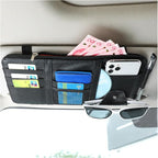 Car Sun Visor Organizer, Leather Personal Belonging Storage Pouch with Zipper, Car Visor Storage Pouch Sunglasses Holder, Auto Interior Accessories Pocket Organizers (Black)