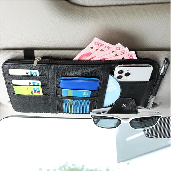 Car Sun Visor Organizer, Leather Personal Belonging Storage Pouch with Zipper, Car Visor Storage Pouch Sunglasses Holder, Auto Interior Accessories Pocket Organizers (Black)