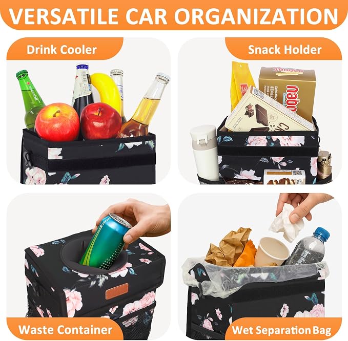 4.2 Gallons Car Trash Can with Lid, Bag Bin Hanging Waterproof Automotive Car Garbage Cans Leak Proof Vehicle Trash Can for Truck SUV,Black Floral