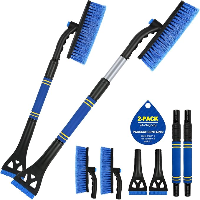 2Pack Ice Scrapers for Car Windshield, 2-in-1 Snow Scraper and Snow Brush for Car SUV Truck, Car Ice Windshield Scraper for Ice and Snow with 360° Pivoting Brush and Ergonomic Foam Grip Blue