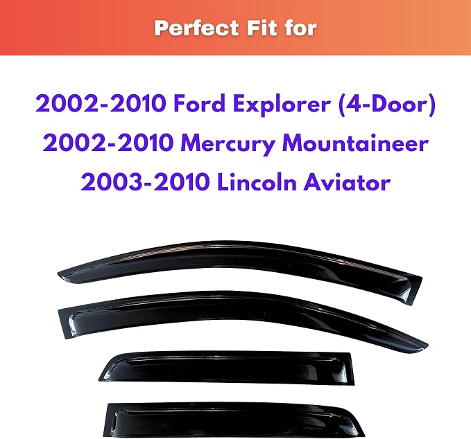 KPY Rain Guards Fit for 2002-2010 Ford Explorer (4-Door) & Mercury Mountaineer, Out-Channel Window Visors Vent Wind Deflectors 4PC, Car Accessories for 2003-2010 Lincoln Aviator