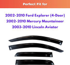 KPY Rain Guards Fit for 2002-2010 Ford Explorer (4-Door) & Mercury Mountaineer, Out-Channel Window Visors Vent Wind Deflectors 4PC, Car Accessories for 2003-2010 Lincoln Aviator