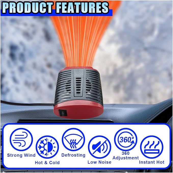 Portable Car Heater, 12V 150W Windshield Defogger and Defroster that Plug into Cigarette Lighter for Winter, 2 in 1 Fast Heating & Cooling Fan with 360° Rotatable Base for Car Sedan (Red/Black)