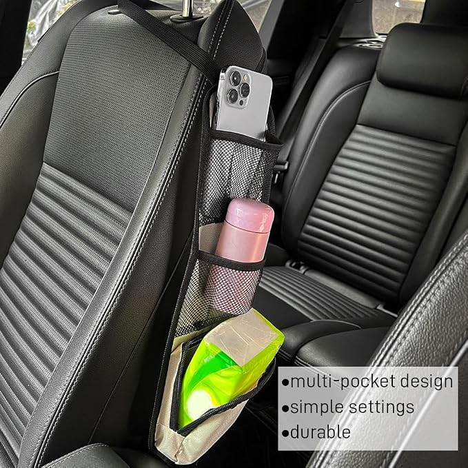 Car Seat Side Storage Pocket, Car Multifunctional Seat Organizer Hanging Bag, Auto Mobile Phone Wallet Sunglasses Mesh Net Pocket, Auto Accessories for Cars SUVs Trucks (Beige, 1PCS)