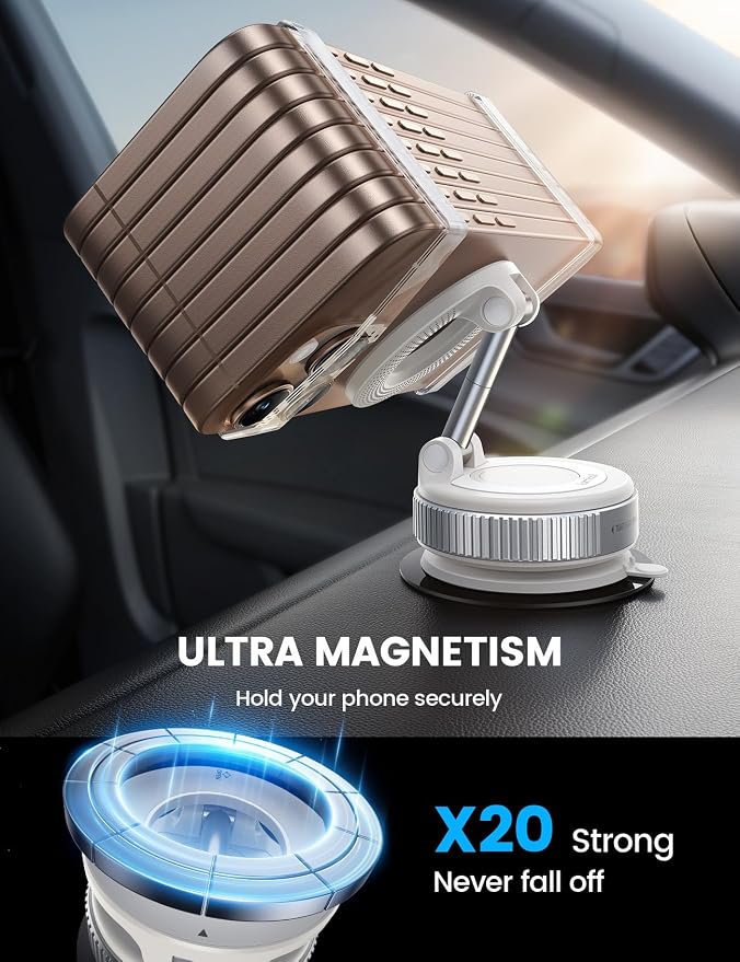 Car Phone Mount - [70 LBS Strongest Suction] for Magsafe Car Mount, 360° Adjustable Suction Cup Phone Mount Dashboard Windshield Vacuum Magnetic Phone Holder for Car White