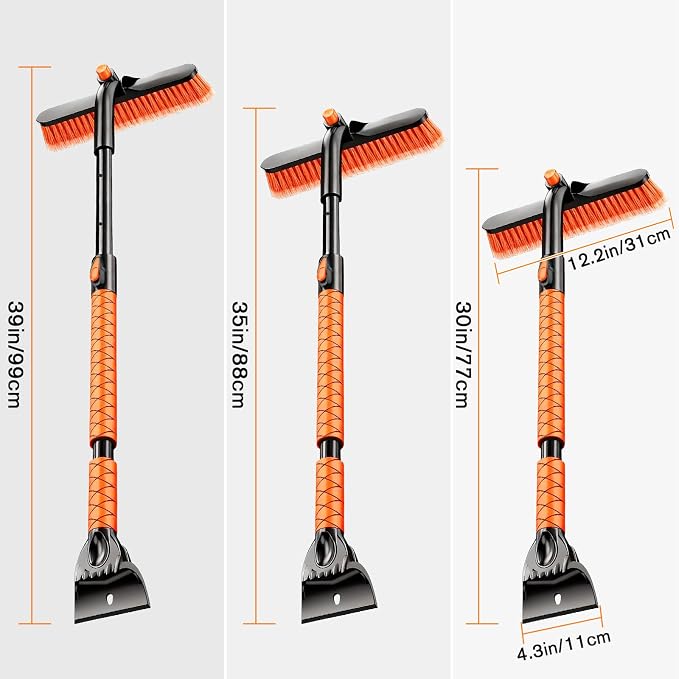 Showvigor Extendable Snow Brush and Ice Scraper for Car, 30"-35"-39" Adjustable Long Handle & 4.3" Ice Chipper, 360° Pivoting Brush Head & Comfortable Antiskid Grip
