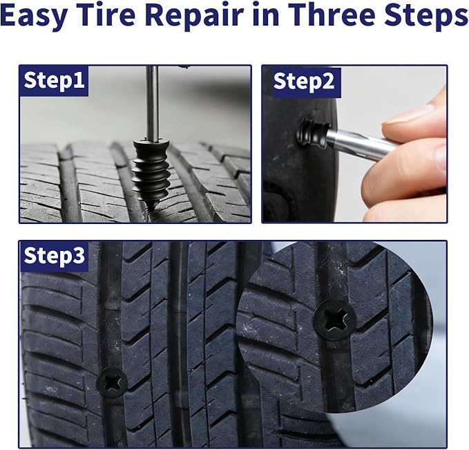 Tire Plugs Screw Type,Tire Repair Rubber Nail Kit, 2 Size Vacuum Tire Plug Kit, Carbon Steel Center, for Car, Motorcycle, Truck, Bicycle, ATV, with Storage Case