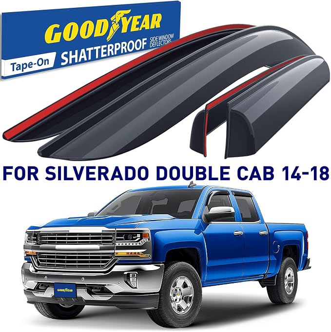 Goodyear Shatterproof Window Deflectors for Chevrolet (Chevy) Silverado/GMC Sierra 2014-2018 Double Cab, Vent Visor,Truck Accessories,Tape-on Rain Guards, Window Visors,Vent Deflector, 4pcs - GY003281