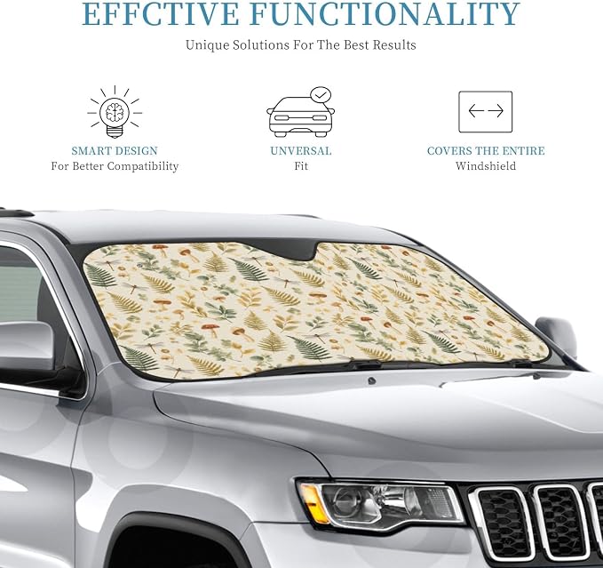 Windshield Sun Shade Mushroom Botanical Leaf Vintage Car Front Window Sunshade Cover for Truck SUV Blocks UV Rays Automotive Visor Interior Protector 55 x 30 inch