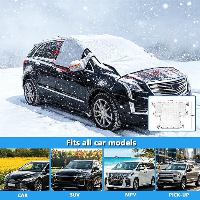 Car Windshield Snow Sun Cover ， 112x87Inches | Extra large thickened reflective strips, all season indoor outdoor, protects windshield wipers door handles side mirrors
