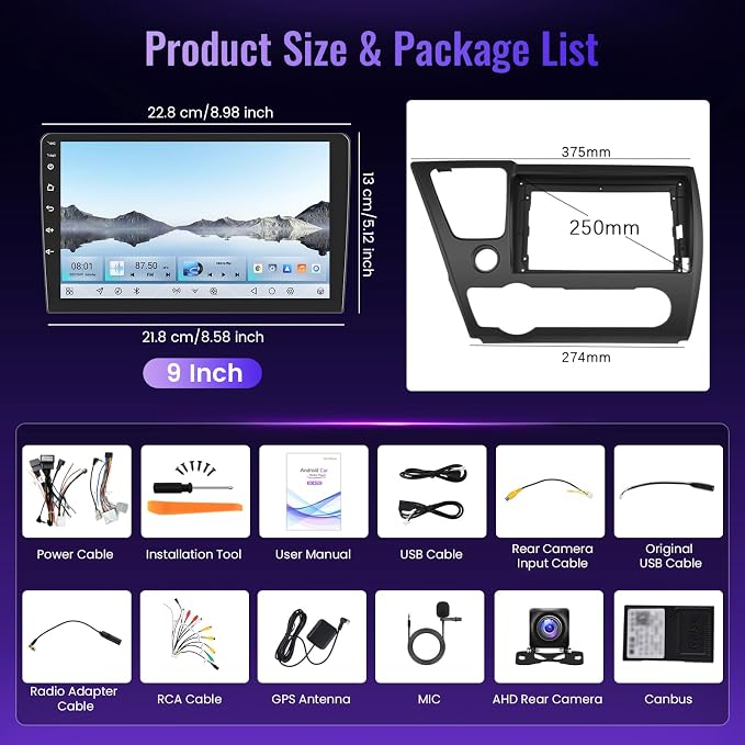 5G Wifi 8-core 4G+64G Car Stereo for Honda Civic 2013-2017 with 9-Inch 1280P QLED Touchscreen Wireless Carplay Android Auto OTA, Bluetooth 5.1 Car Radio DSP/Hi-Res Audio WIFI SWC GPS AHD Backup Camera
