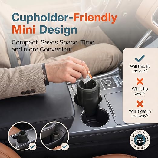 Car Trash Can Cup Holder | Mini Car Trash Can | Fits in Most Doors | 5.1" x 2.9" | Traps More & Empties Less, Patent-Pending Compaction, Holds Weeks of Small Garbage, Black/Teal