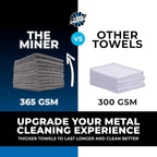 The Miner - Professional Metal Polishing Microfiber Towels for Cars; Safe on High-End Wheels and Soft Metals, 70/30 Blend, Dual-Pile, 365GSM, 16in x 16in, Grey (10-Pack)