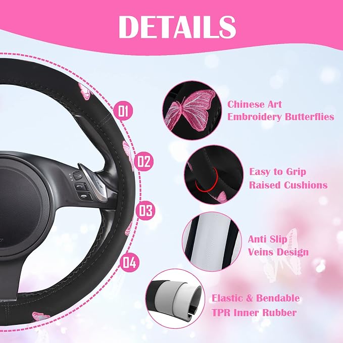 Universal Cloth Butterfly Car Seat Covers Full Set, Embroidered Flower Waterproof Car Floor Mats Carpet, Butterflies Steering Wheel Cover for Car Accessories Interior Sets (Black and Pink)