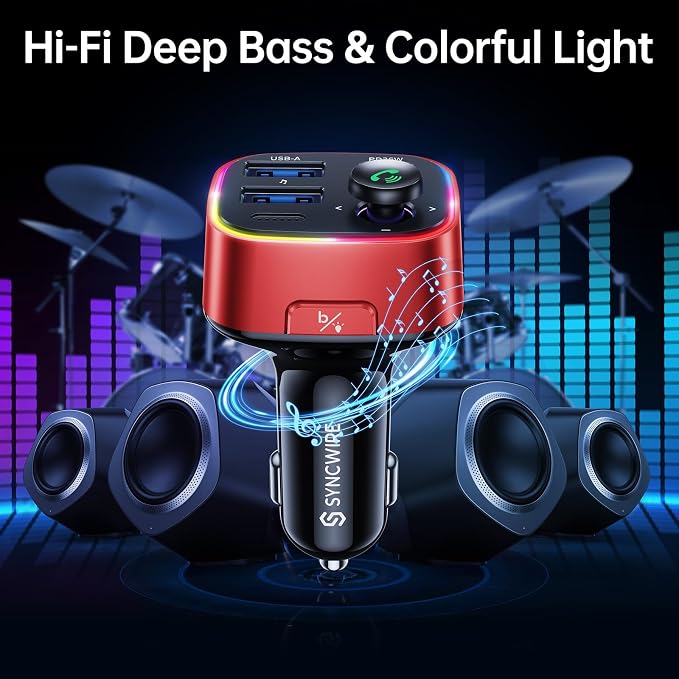Bluetooth 5.4 FM Transmitter Car Adapter 48W (PD 36W & 12W) [Light Switch] [Hi-Fi Deep Bass] [Fast Charge] Wireless Radio Music Adapter LED Display Hands-Free Calling Support USB Drive, Red