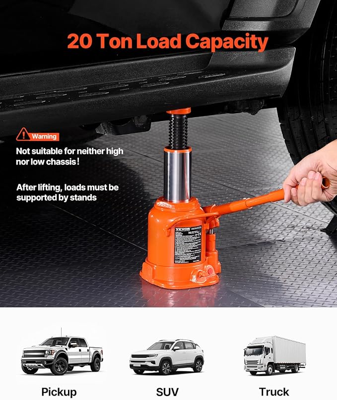 Hydraulic Bottle Jack, 20 Ton/44092 lbs Low Profile Welded Bottle Jack with 6.69''-12.6'' Lifting Range & 3-Section Long Handle, for Car, Pickup, Truck, RV, Auto Repair, Industrial Engineering