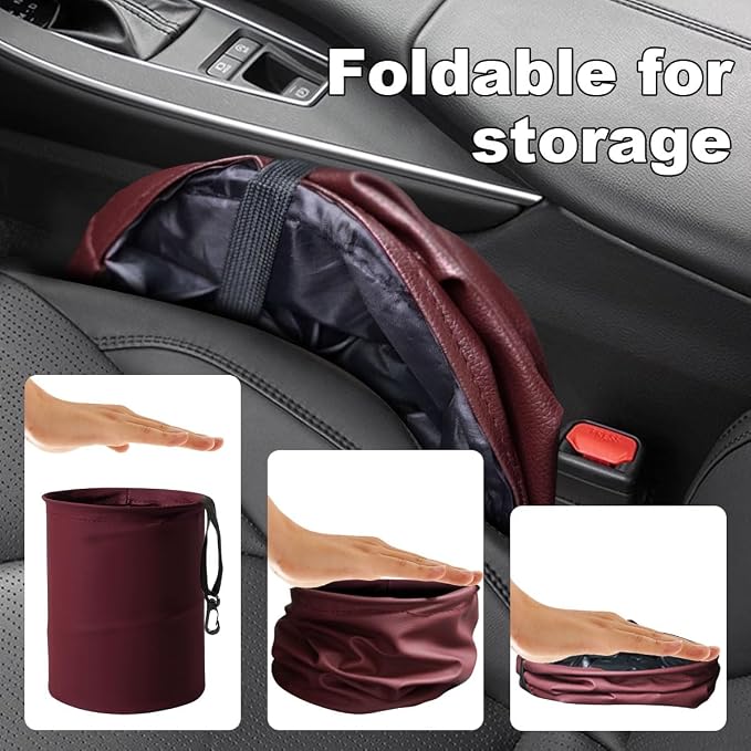 Collapsible Trash Can Car Garbage Bag - Leather Pop-up Car Trash Bin with Elastic Band - Hanging Foldable Garbage Can Vehicle Waste Basket Bin - Double-Layer Washable Bag for Cars Camping (Red)