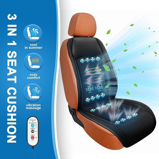 Cooling Car Seat Cover with 16 Fans Cooling Car Seat Cushion with Massage Adjustable Temperature 12V Seat Cooler Car Seat Cooling Pad Ventilated Seat Cover for Car (3 in 1, Black)