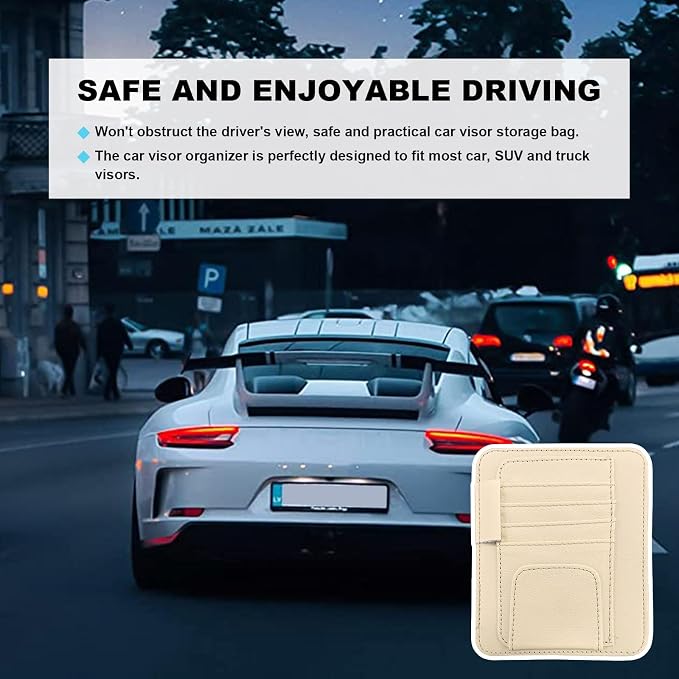 2PCS Small Leather Car Sun Visor Organizer, Multifunctional Auto Visor Document Holder with Sunglasses Clip, Universal Car Interior Organizer for Drving License, Card, Pen (Beige)