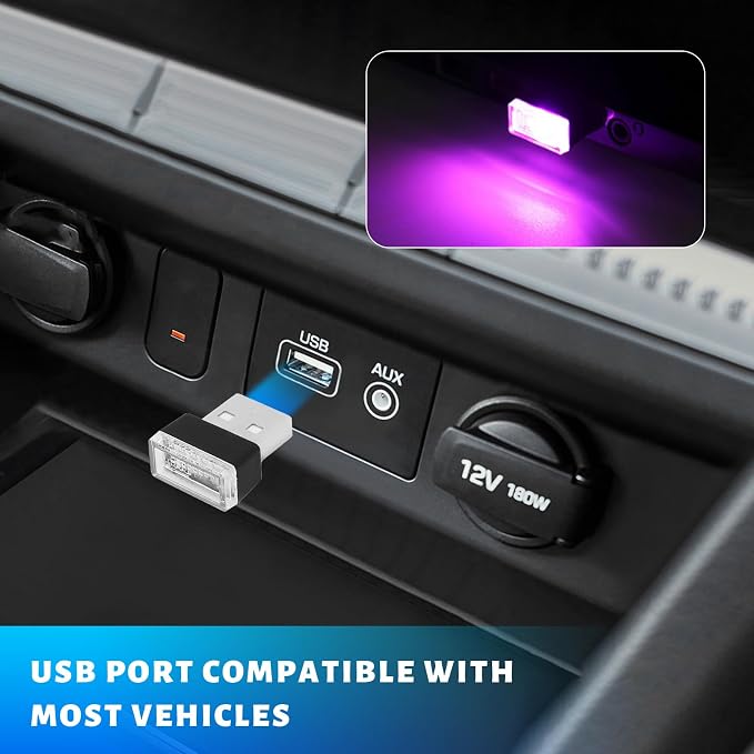 4 PCS USB LED Car Atmosphere Lamp, Mini Night LED Vehicle Trunk Ambient Lighting Kit, Portable Plug-in USB Interface Vehicle Decor Atmosphere Lamp, Interior Car Accessories (Purple)