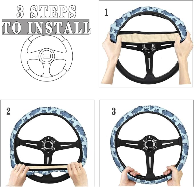 Cartoon Animal African Rhinos Steering Wheel Covers Anti-Slip Elasticity Car Accessories Steering Wheel Protector Universal 15 Inch for Cars SUV Vehicle Truck