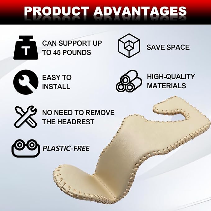Automotive Universal 2PCS Leather Headrest Hooks, for Car Keep Purses Bags Coats and Groceries Secure Universal Fit for Most Vehicles, Beige