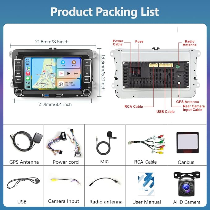 2G+64G Android for VW Jetta Seat Passat Tiguan CC Golf Skoda Double Din Car Stereo with Wireless Carplay/Android Auto 7 Inch HD Touchscreen Head Unit