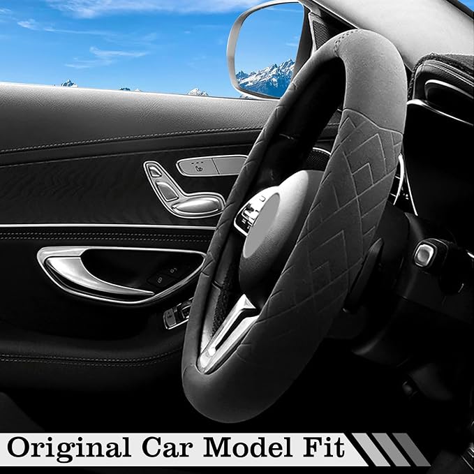 Car Leather Steering Wheel Cover - Panapi Material, Universal 14.5-15 Inch Leather Anti-Slip Breathable Auto Steering Wheel Covers for Men Women (Suede-Black with Blue Mark)