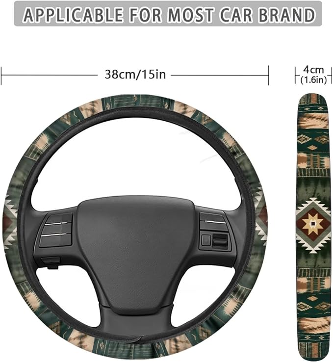 Car Steering Wheel Cover Universal 15 Inch Steering Wheel Protector Auto Accessories Decor Anti-Slip Washable Universal Fit Most Vehicles, Southwest Aztec Dark Green