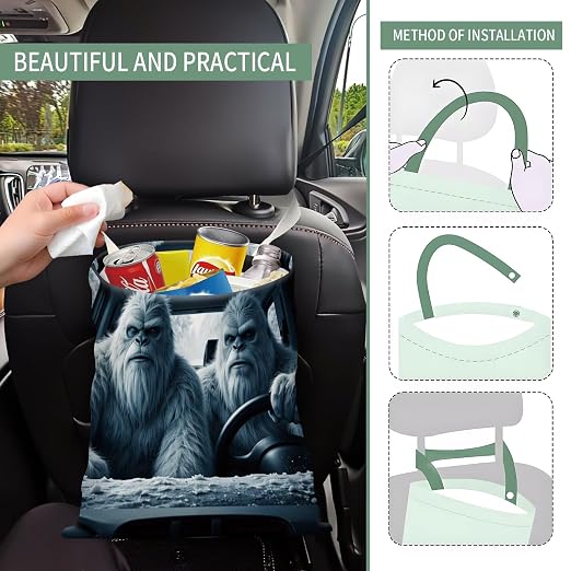 Cute Car Trash Can, Hanging Canvas Car Back Seat Organizer and Storage Bag, Funny Car Trash Bag for Travelling, Outdoor Cool Yeti Pattern