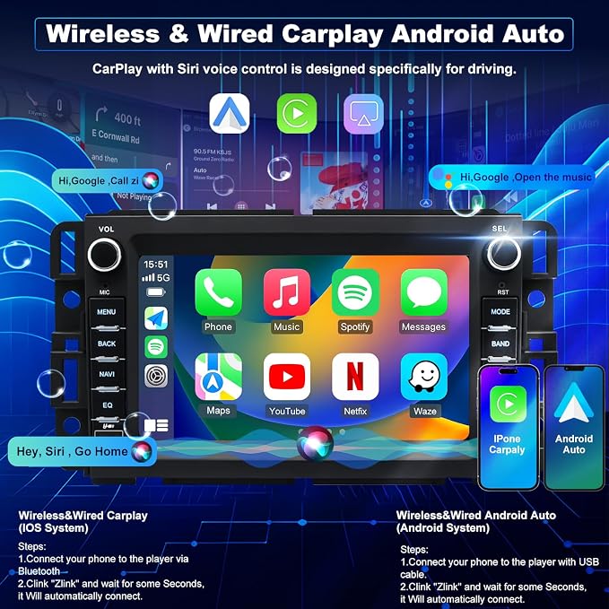 5GWifi Car Radio for GMC Sierra Chevy Silverado 1500/2500/3500 2007-2013, Acadia 2007-2012, Tahoe Yukon 2007-2014, Savana Equinox 7inch Stereo Touch Screen Carplay Android Auto GPS Camera
