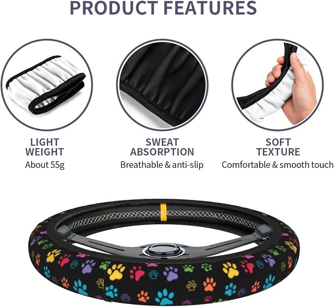 Dog Paw Print Steering Wheel Covers Universal 15 inch Non Slip Neoprene Steering Wheel Protector Cover for Men Women Car Truck