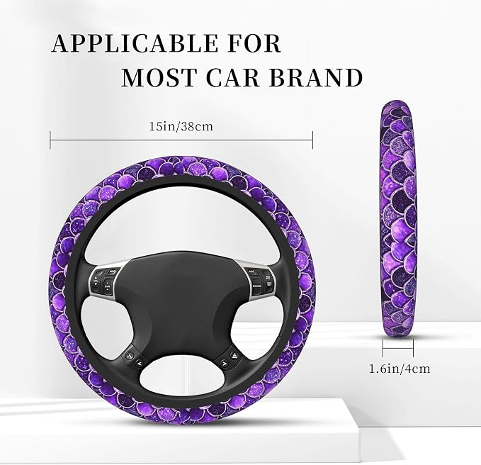 Purple Mermaid Fish Dragon Scales Cool Funny Steering Wheel Cover Car Accessories Cute for Women Girls Girly Universal 15 Inch Neoprene Auto Interior Decor Anti Slip Car Truck Protector