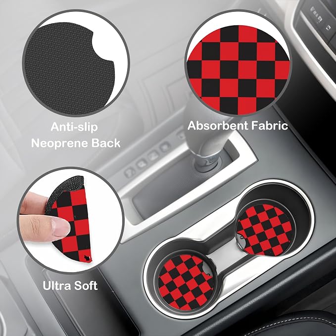 Black and Red Checkered Steering Wheel Cover with 2 Pcs Car Coasters Neoprene Steering Wheel Cover for Women Men Anti-Slip Breathable Car Accessories Universal 15 Inch Fit Auto Cars Trucks