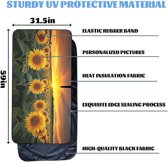 Sunflower Car Window Sun Shield Rustic Yellow Golden Flower Sunset Front Window Sun Shade Blocks UV Rays Sun Visor Protector for Car Sedan Truck SUV Accessories 59" L x 31.5" W