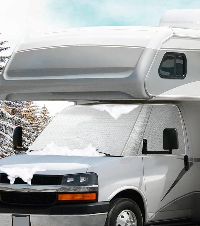 Oxford Windshield Cover for Chevy Express/GMC Savana Van 2001-2026, Thick Class C Motorhome Front Window Cover, for Ice & Snow, Silver with Mirror Cutouts